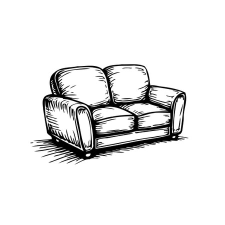 A detailed monochrome illustration of a two-seater sofa. The image uses hatching and shading techniques to create a vintage, artistic style. Perfect for interior design or furniture related content.のイラスト素材