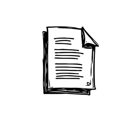 An illustrative sketch depicts stacked documents with a slightly curled corner. Representing an office concept, the design offers a hand-drawn element ideal for conveying information.のイラスト素材