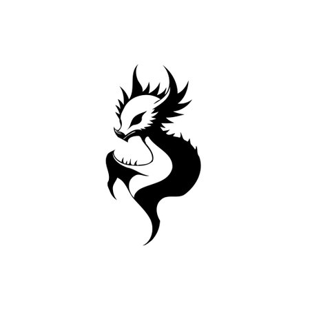 A stylized monochrome silhouette of a dragon, ideal for tattoos, logos, or designs needing a touch of fantasy and mystique. The fluid lines and sharp angles bring a mythical creature to life.のイラスト素材