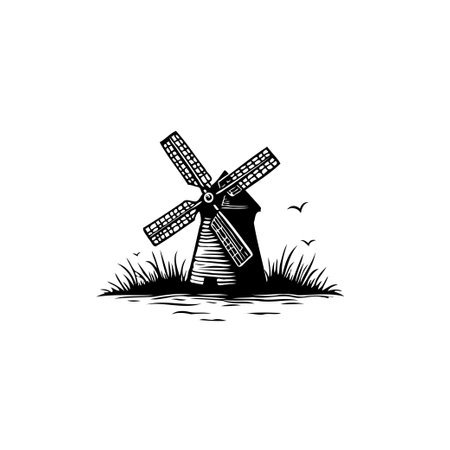 Black and white illustration of a windmill standing in a field of grass. Simple, vintage design evokes a sense of rural tranquility and sustainable energy.のイラスト素材