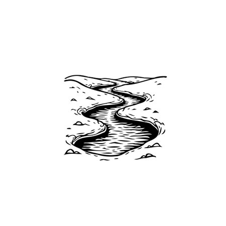 A black and white illustration features a river snaking through varied terrain. The artwork captures the essence of a natural watercourse in a simplistic yet evocative style.のイラスト素材