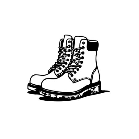 A stark monochrome graphic showcases a pair of sturdy, lace-up boots. Symbolizing resilience and functionality, the detailed design hints at durable construction and enduring style.のイラスト素材