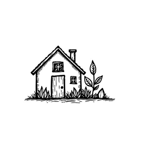A simple, artistic illustration featuring a house nestled beside a plant, symbolizing an environmentally conscious and sustainable lifestyle. The black-and-white sketch conveys a sense of peaceful and sustainable living.のイラスト素材