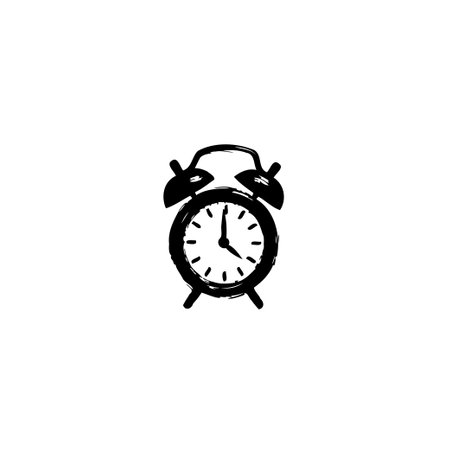 A black and white illustration of an old-fashioned alarm clock with a rough, hand-drawn style, suggesting a sense of nostalgia or urgency, suitable for various design projects.のイラスト素材