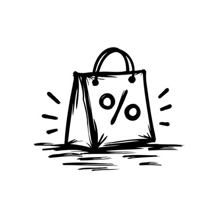 A simple, hand-drawn illustration of a shopping bag with a percentage sign, ideal for promotional materials, sales announcements, or retail-themed graphics. The monochrome sketch provides a clean, modern aesthetic.のイラスト素材
