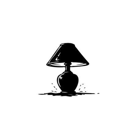 A simple, monochrome illustration of a desk lamp. The classic design casts a soft glow, illuminating a sense of quiet study and focused work.のイラスト素材