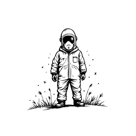 An isolated black and white drawing illustrates a person dressed in a full protective hazmat suit. They are standing in a field of grass, showcasing the theme of environmental safety.のイラスト素材