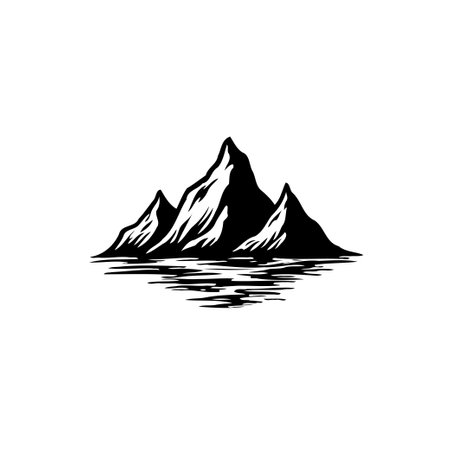 An evocative monochrome illustration of mountain peaks reflected in calm water presents a tranquil outdoor scene. This simple yet elegant graphic conveys peacefulness and natural grandeur.のイラスト素材