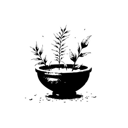 A simplistic monochrome drawing showcasing a plant sprouting from a dark bowl, embodying a tranquil and earthy aesthetic. Its minimalist charm highlights nature's elegance.のイラスト素材