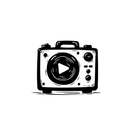 Simple black and white drawing of a classic media recorder with a play symbol overlay. Reminiscent of traditional broadcasting and older technologies.のイラスト素材