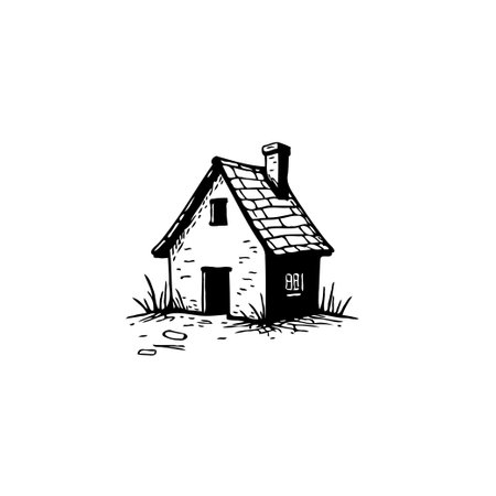 A simple black and white sketch portrays a quaint cottage with a stone chimney. The monochrome drawing is isolated on a white background, accentuating its minimalist and rural charm.のイラスト素材