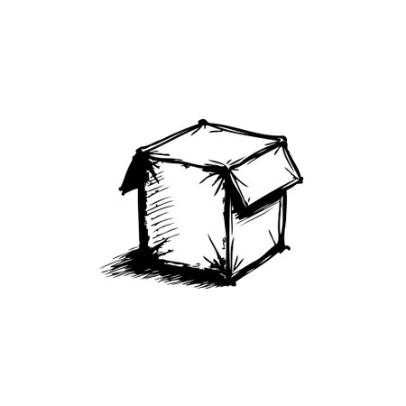 An abstract sketch shows an open cardboard box with some shadow that illustrates packaging, delivery or shipment. This minimalist drawing can represent a variety of concepts.のイラスト素材