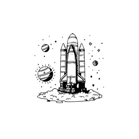 A hand-drawn style illustration shows a space shuttle launching amidst planets and stars, evoking a sense of cosmic adventure and imaginative exploration.のイラスト素材