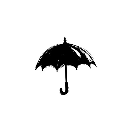 A simple stylized image showing a black umbrella. It is made with rough sketchy lines, giving it a handmade, painted feeling. The image evokes feelings of protection.のイラスト素材
