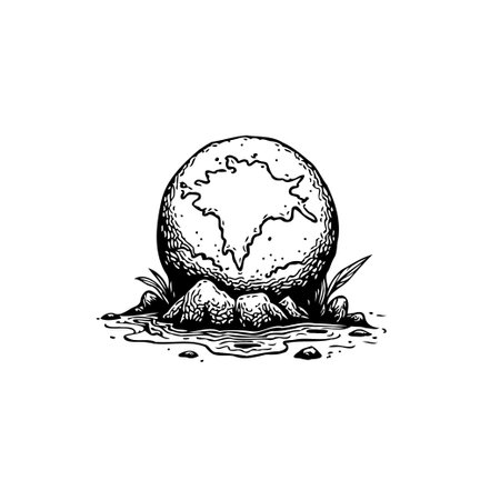 A monochrome sketch presenting a stylized globe, symbolizing the earth, balanced on rugged rocks with sparse foliage. This image evokes themes of environmental consciousness and the natural state of the world.のイラスト素材