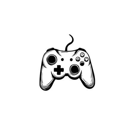 Monochrome illustration of a modern video game controller. The design features clean outlines with detailed textured shading, emphasizing its ergonomic shape and interactive components.のイラスト素材