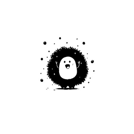 A playful monochrome mascot, characterized by a cheerful expression and fluffy exterior, evokes a sense of whimsical joy and simple artistic charm. Perfect for designs needing an innocent, friendly touch.のイラスト素材