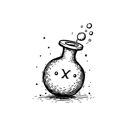 A hand-drawn illustration showcases a potion bottle with bubbling liquid. The image evokes a sense of mystery, alchemy, and scientific experimentation, rendered in a classic black-and-white style.のイラスト素材