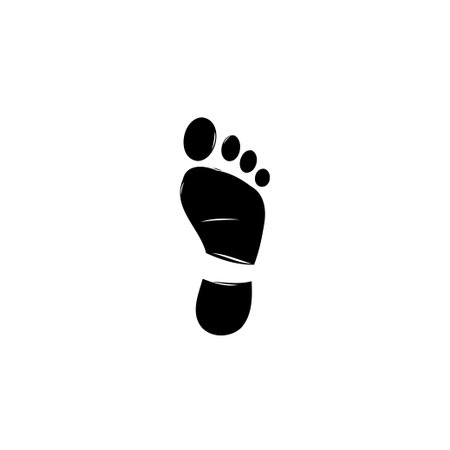 A simple, stylized footprint graphic in black, symbolizing human presence and the journey of life. Isolated on a white background, representing path, direction, and individuality.のイラスト素材