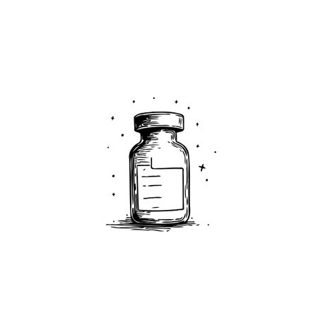 Monochrome hand drawn illustration featuring an apothecary glass vial. A medical concept, use for graphic projects about health or pharmaceutical topics.のイラスト素材