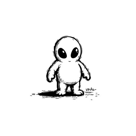 A simple yet expressive illustration depicts a cute, hand-drawn alien character, rendered in black and white. The figure exudes innocence and whimsy with its minimalist style.のイラスト素材