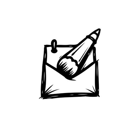 A minimalist sketch portrays an envelope containing a pencil. The drawing evokes a feeling of sending artistic correspondence. Hand-drawn illustration for creative concepts.のイラスト素材