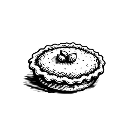 A detailed monochrome illustration of a small pie. The artwork emphasizes textures and the pie's form, ideal for culinary or bakery-themed designs.のイラスト素材