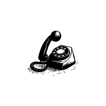Monochrome illustration of a vintage rotary phone. Evokes a sense of nostalgia, showcasing retro communication technology and design from a bygone era.のイラスト素材