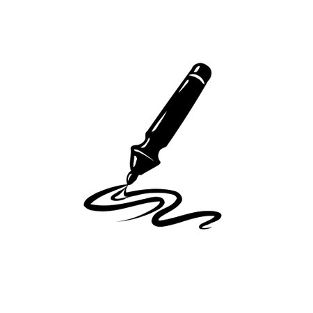 A minimalist illustration shows a black marker making a curving line on a white backdrop, conveying artistic expression.のイラスト素材