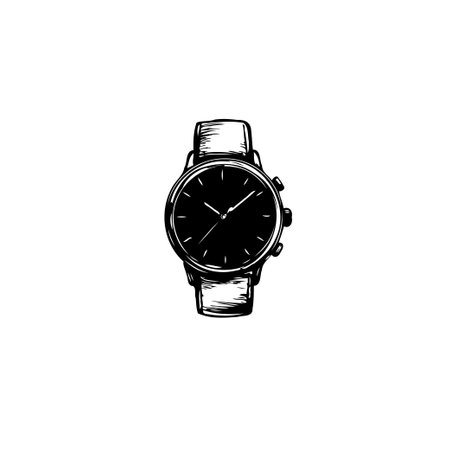 A stylish wristwatch depicted in a monochrome graphic, featuring a detailed dial, band, and casing. The aesthetic is classic yet modern, suitable for various purposes.のイラスト素材