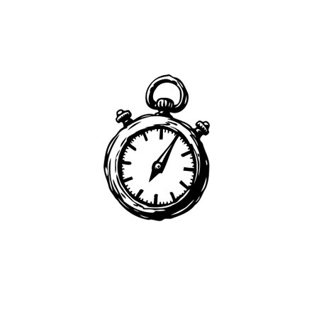 Monochrome drawing presenting an antique stopwatch design. An isolated element, evocative of a bygone era, featuring detailed lines and a classical appeal for various creative uses.のイラスト素材