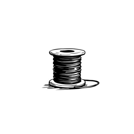 A monochrome sketch of a spool, showcasing the meticulous winding of thread. Ideal for illustrating concepts like crafting, sewing, or industrial processes with clean design.のイラスト素材