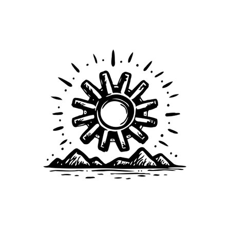 A stylized illustration presents a sun rising over a series of mountains. The monochrome design evokes a sense of nature, energy and exploration. The black and white elements create a simple but elegant composition.のイラスト素材