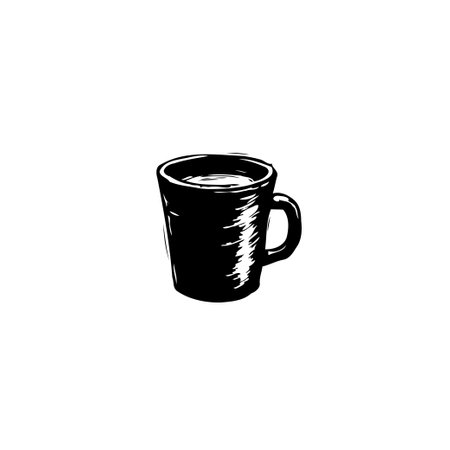A minimalist monochrome sketch of a ceramic mug filled with liquid, possibly coffee or tea. The simple and clean artwork is ideal for various design projects.のイラスト素材