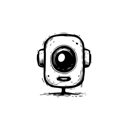 A stylized monochrome cartoon of a webcam icon, resembling a hand-drawn sketch. It conveys a friendly, approachable digital presence, suitable for illustrating online communication or video technology concepts.のイラスト素材