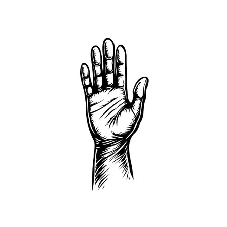 A detailed monochrome illustration of a human hand, presented in a vintage engraved style. The raised hand appears as a gesture suggesting a stop, or acknowledging or requesting attention.のイラスト素材