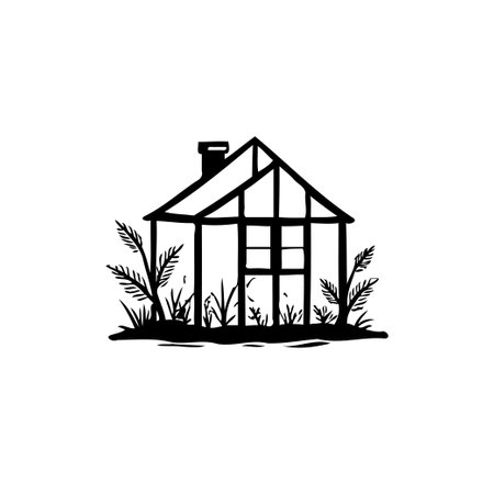 Minimalist illustration of a greenhouse structure surrounded by lush plants, depicting a tranquil botanical sanctuary with architectural silhouette charm.のイラスト素材