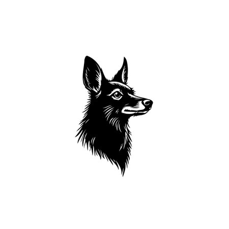 A strikingly simplistic black and white image showcases a vigilant canine head. The artwork emphasizes the creature's attentive nature and texture, isolated on a white field.のイラスト素材