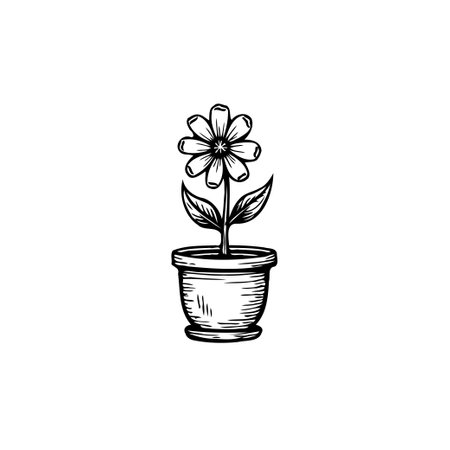 Hand-drawn monochrome illustration of a single flower in a pot, showing its delicate beauty and organic growth. A simple, elegant botanical element for a touch of nature.のイラスト素材