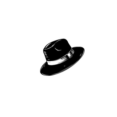A stylized monochrome illustration presents a classic fedora. Its elegant silhouette and shaded design evoke a vintage feel, perfect for fashion or retro-themed projects.のイラスト素材