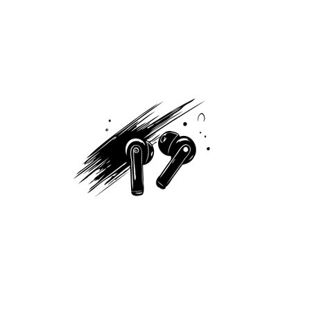 A stylized illustration of wireless earbuds showcased against a bold, abstract brushstroke. Perfect for conveying tech, music, or a modern, on-the-go lifestyle.のイラスト素材