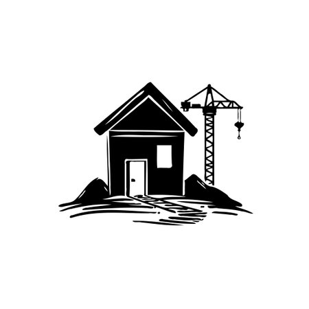 Hand-drawn style illustration depicting a house under construction, with a prominent crane indicating ongoing building efforts. Represents the growth of real estate, industrial construction, and residential development.のイラスト素材