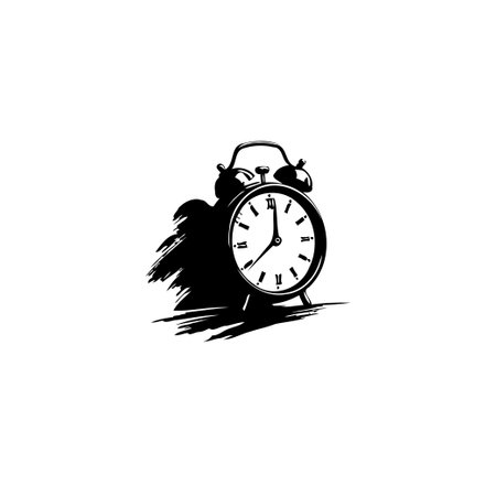 A black and white sketch shows an alarm clock with the hour hand pointing towards 1 and the minute hand near 12. The clock has a textured shadow on the left side, giving it a sketched effect.のイラスト素材
