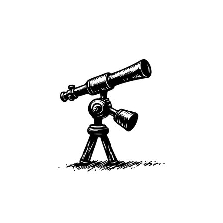 A detailed monochrome illustration of a telescope, rendered in a vintage style. The illustration emphasizes the telescope's structure and evokes a sense of historical scientific exploration.のイラスト素材