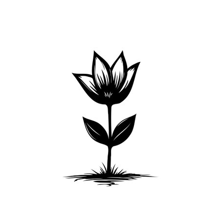 A simple, elegant black and white drawing of a stylized flower. Ideal for logos, icons, or minimalist design projects. Symbolizes growth, nature, and natural beauty.のイラスト素材