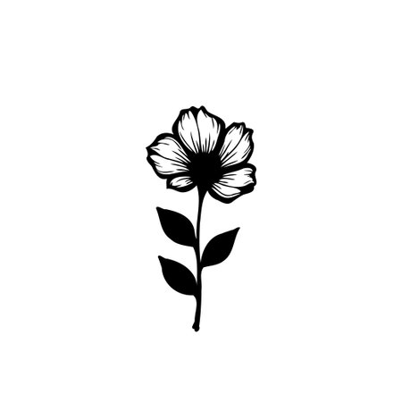 An elegant, minimalist black and white illustration of a single flower stem. The artwork captures the delicate beauty of nature with clean lines and refined detail.のイラスト素材