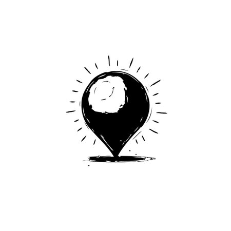 A stylized black location marker with hand-drawn radiating lines suggests a bright or significant destination. Evokes concepts of guidance, travel and finding the way.のイラスト素材