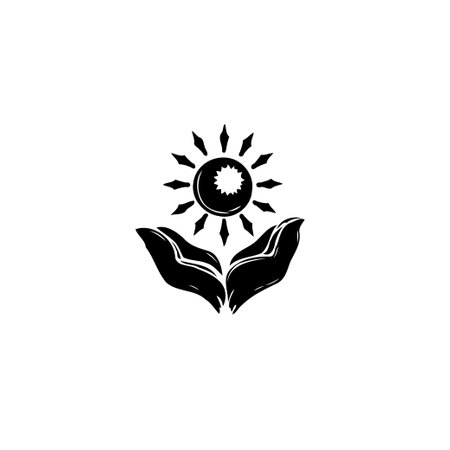 Stylized hands cradle a radiant sun symbol, representing care, protection, and illumination. The design embodies themes of hope, growth, and positive energy in a clean, graphic style.のイラスト素材