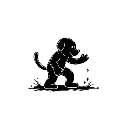 A stylized black and white illustration depicts a cartoon dog figure cheerfully gesturing with an outstretched paw, set against a simple ground plane with graphic elements.のイラスト素材