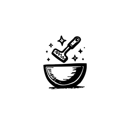 A playful, hand-drawn style illustration showcasing a tool hovering above a bowl, embellished with sparkles, ideal for cooking, recipe, or culinary-themed designs.のイラスト素材